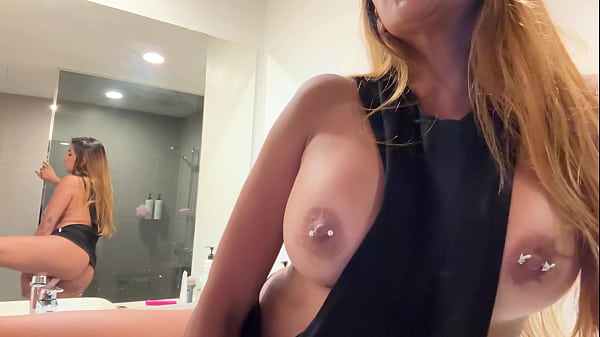 Almost caught! Cute busty girl masturbates in the bathroom while her parents are not home
